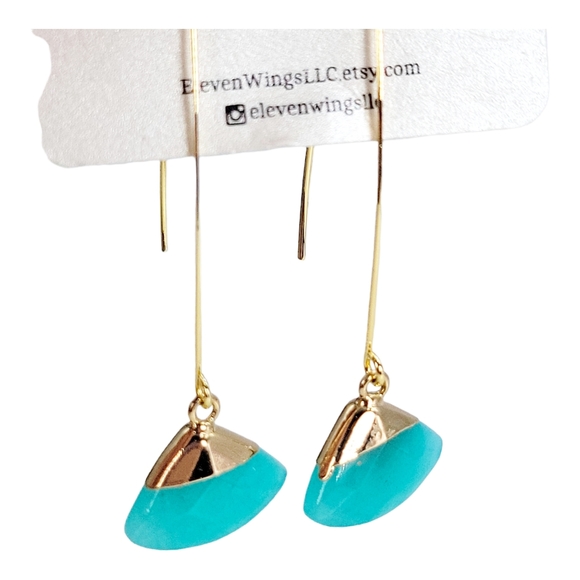 New Eleven Wings Aqua Amazonite Earrings Artisan Dangle Pierced Wire Dai… - Picture 5 of 9